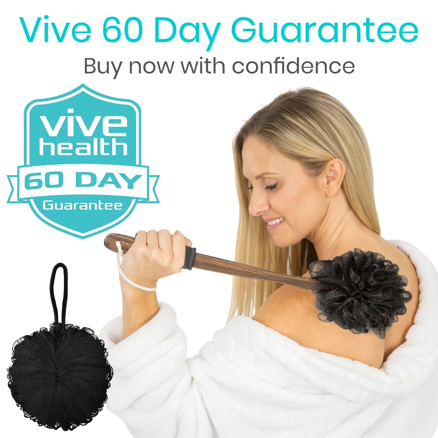 Vive Shower Loofah with Handle (17”) - Lufa on a Long Stick - Luffa Bath Sponge for Men & Women - Back Cleaner, Body Scrubber for Cleansing and Exfoliating - includes Hook & String to Hang on Wall