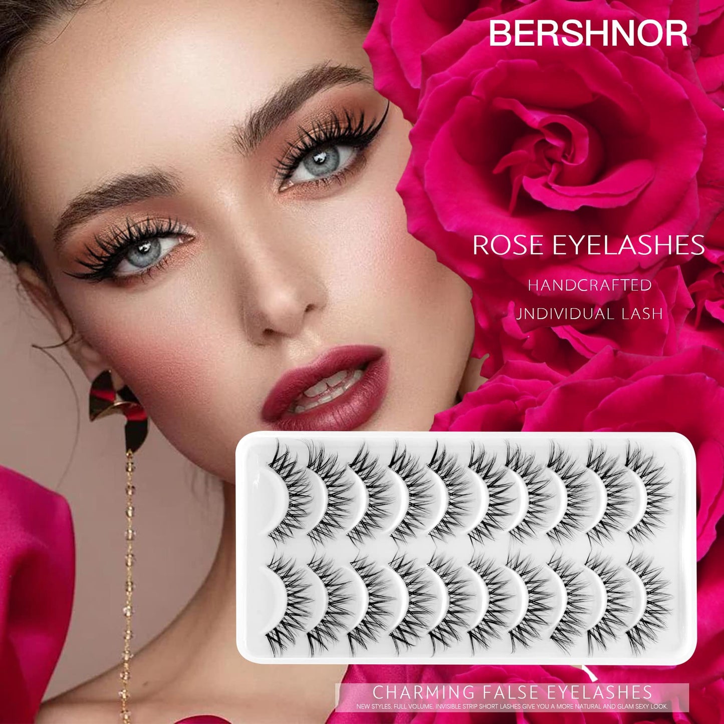 Bershnor False Lashes 3D Cat-Eye Volume Eyelashes Clear Band Lashes Natural Look Faux Mink Invisible Strip Wispy Fake Lashes 10 Pairs