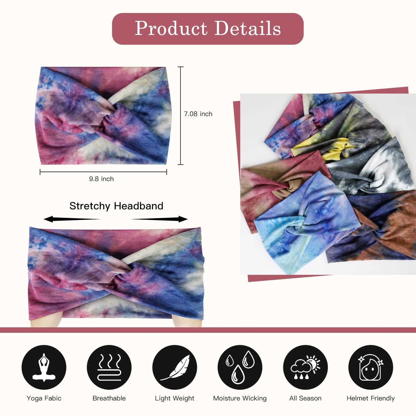 Tobeffect Wide Headbands for Women, Tie Dye Extra Large Turban Headband Boho Hairband Hair Twisted Knot Accessories, 6 Pack