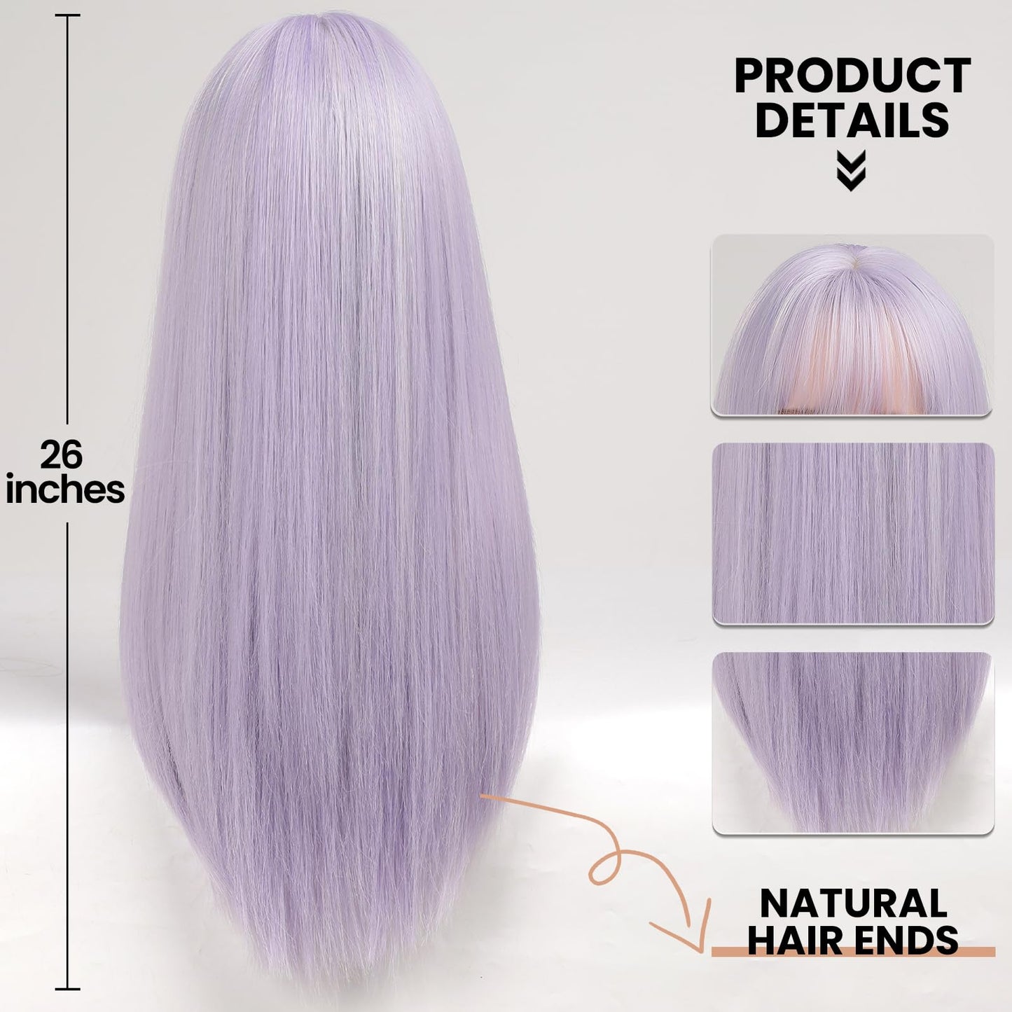 EMMOR Light Purple Wig With Bangs For Women Long Straight Wigs Synthetic For Girls Halloween Party Cosplay And Daily Use(26" Light Purple)