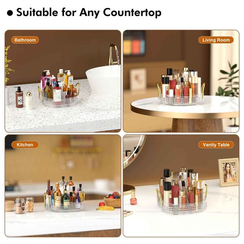 Awenia Rotating Makeup Organizer 360, Stackable Adjustable Large Capacity Cosmetic Storage Unit,Dresser Bathroom Kitchen Countertop Organizer with Metal Handle, Plus Size (Clear, 1 Tier)