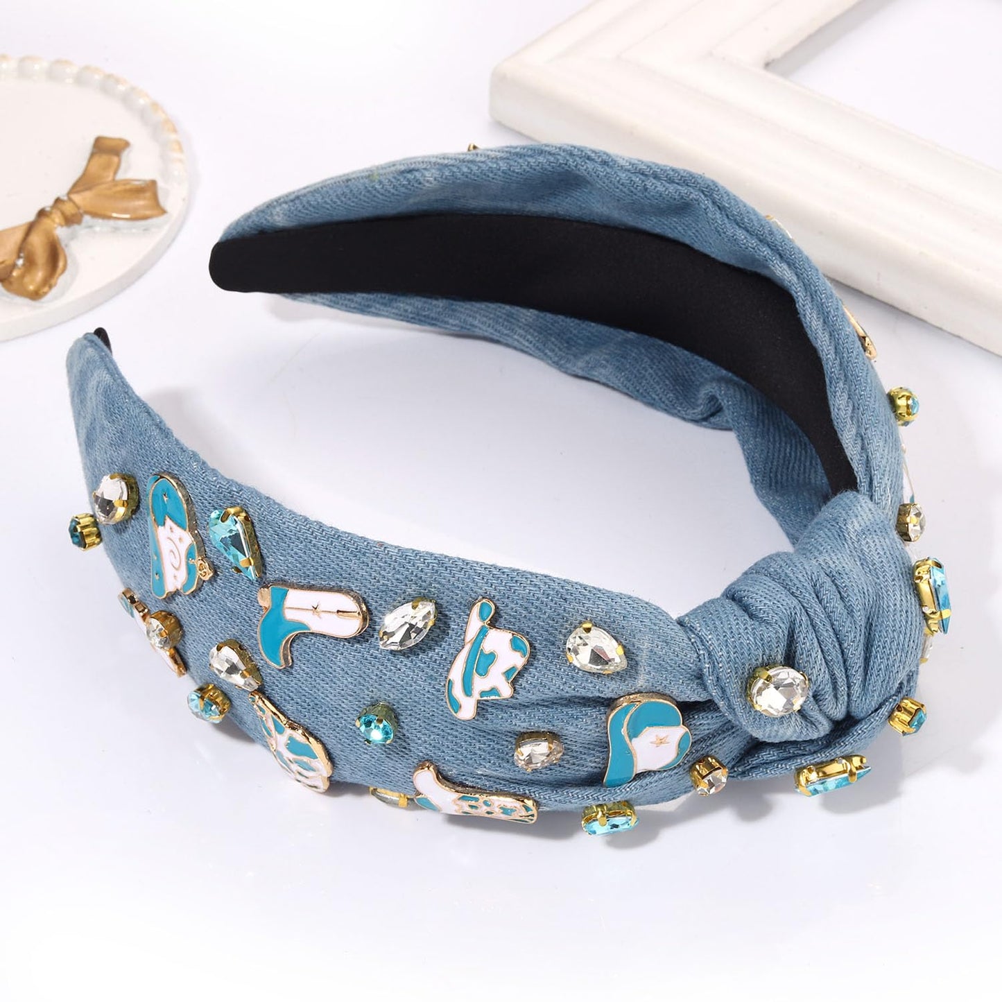 MOLOCH Western Headband Cowgirl Headband for Women Cowboy Boot Hat Stars Knotted Headband Crystal Jeweled Top Knot Hairband Western Country Concert Hair Accessories Bachelorette Outfit Gifts