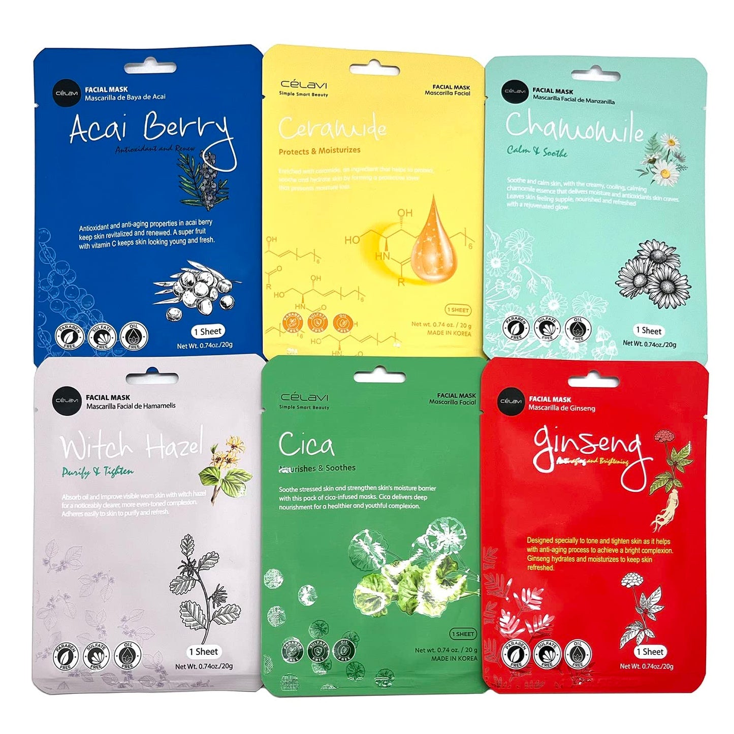 Celavi K-Beauty Skincare Essence Facial Face Mask Korea Skin Care Moisturizing C Set (6 of each)