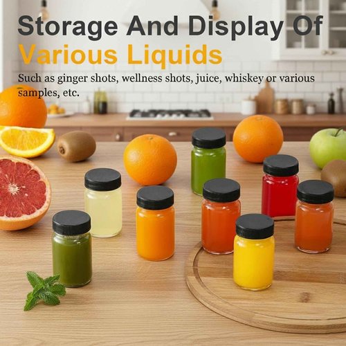 WERTIOO 16 Pack 2oz Glass Shot Bottles with Black Caps – Leakproof Wellness Shot Glass Bottles with ml & oz Scale – Mini Glass Jars with Lids for Juicing, Ginger Shots, Home & Party Favors