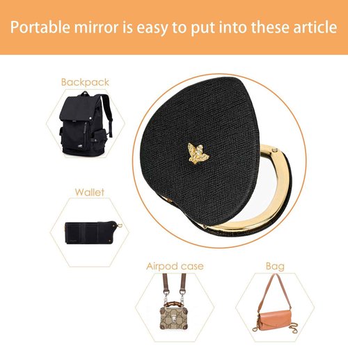 CAIRIAC Compact Mirrors, Leather Folding Travel Mirrors, Bee Double Sided Handheld Mirrors, Portable Heart Shape Makeup Mirrors Gift for Girls Women Mothers