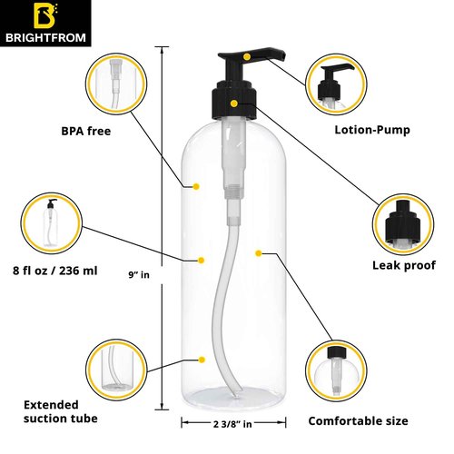 BRIGHTFROM Empty Lotion Pump Bottles, 16 OZ BPA-Free Refillable Plastic Containers, PETE1 Clear, Great for - Soap, Shampoo, Lotions, Liquid Body Soap, Creams and Massage Oil's - 2 Pack (Black)