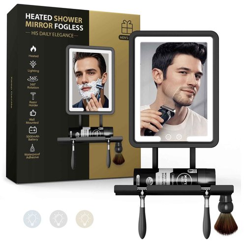 Shower Mirror Fogless for Shaving with Light - Heated Anti Fog Bathroom Mirror Razor Holder Recharegable 5000mAh Battery 3 Colors Dimmable Adhesive Wall Mount Shower Accessories Gift for Men(Black)