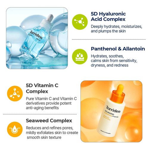 Torriden DIVE IN Serum 1.69 fl.oz + CELLMAZING Vita C Ampoule 1.01 fl.oz | Serum Duo to Get Glass Skin | Refining Skin Texture | Korean Skin Care