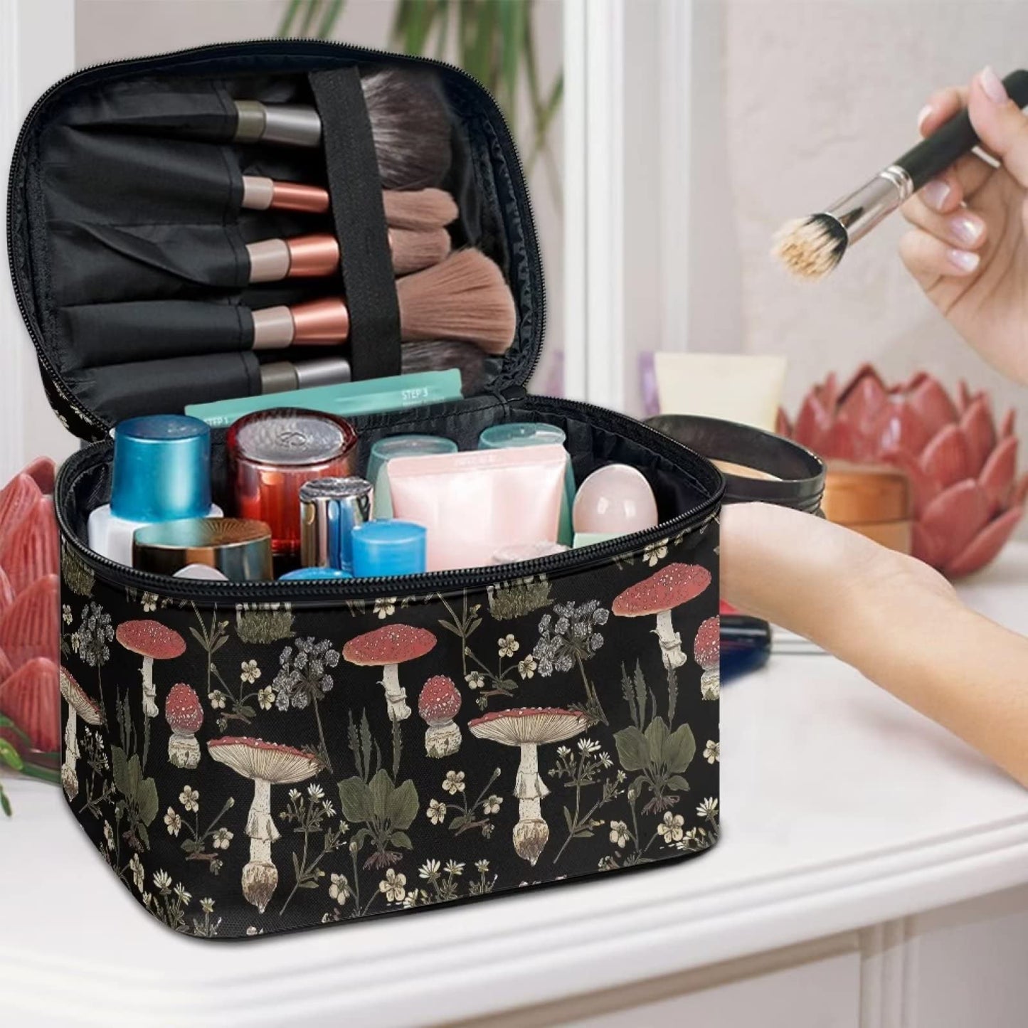 JoyLamoria Brown Mushroom Travel Makeup Bag Cute Brush Bag Toiletry Bag for Women