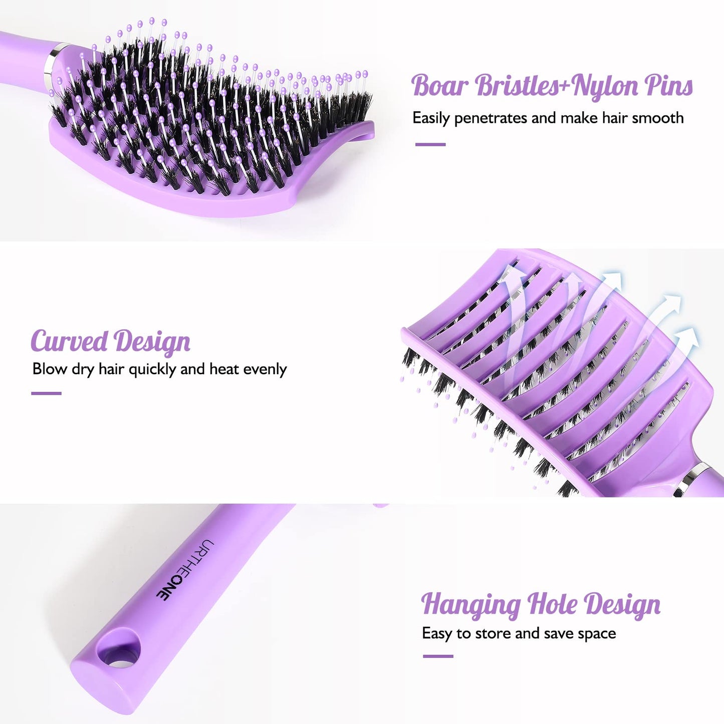 Hair Brush,URTHEONE Detangling Hairbrush Boar Bristle Curved Vented Hair Brush for Women Men Kids Curly Thick Long Short Wet or Dry Hair, Faster Blow Drying (2Pack, Pink&Purple)