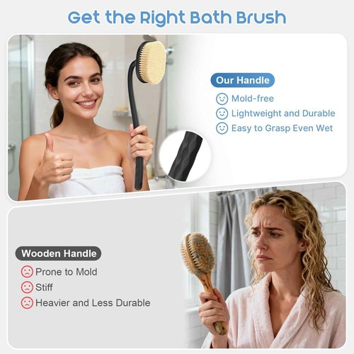 Flexible Up-Down Movement Back Scrubber for Shower for Men & Women, 3 Detachable Back Brush Heads Includes Silicone Body Scrubber, Sponge Bath Brush & Bristle Shower Brush, Wet/Dry Brush, Black