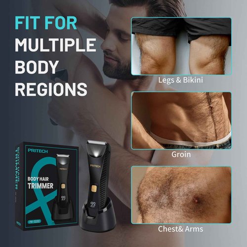 PRITECH Body Hair Trimmer for Men - Waterproof Pubic Hair Ball Trimmer, Ceramic Blade Body Shavers for Men with USB-C Charging, Wet & Dry Use & Nick-Free Design, Sensitive Skin Safe (Black)