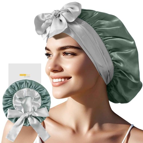 ZIMASILK 100% Mulberry Silk Bonnet for Sleeping Women Double-Layered Breathable Hair Wrap with Silk Tie Band - Reducing Hair Friction (1Pc, Grayish Green)