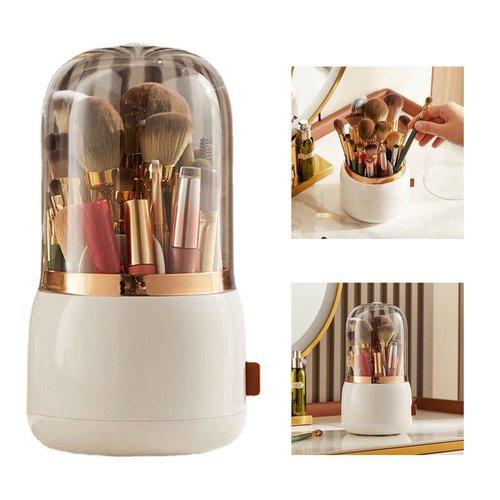 Beufee Makeup Brush Holder, Makeup Brush Organizer Makeup Brush Holder Organizer with Lid 360° Rotating Makeup Storage for Home (White)