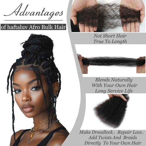 Haftaluv Afro Kinkys Bulk Human Hair 50g 16 Inch Nature Black Afro Kinky Curly Human Hair Bulk for Mini Twist, Braiding, Loc Extensions & Crochet, Dreadlocks, Braids and Repair Locs (16 Inch, 1b#)