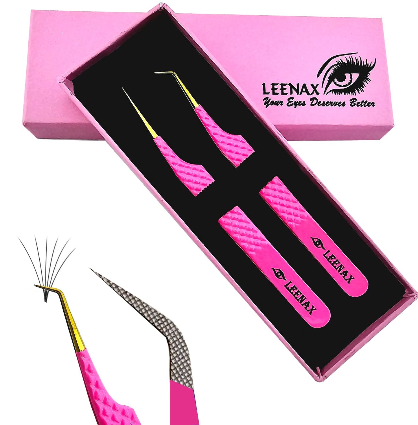 LEENAX 2 Pcs Pink Stainless Steel Tweezers for Eyelash Extensions, Eyelash Extension Tweezers Set, Volume Tweezers, Lash Extension Precision Tweezers, Extension tweezers.