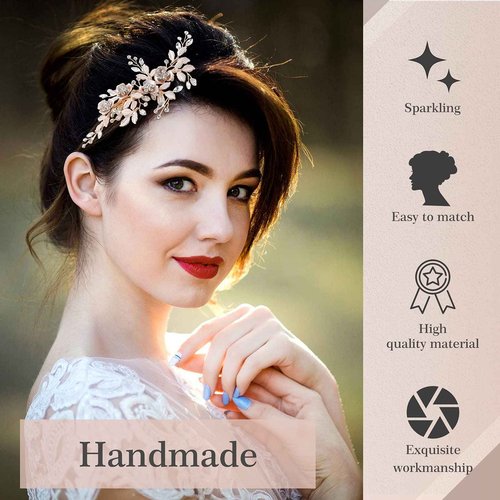 4 Pieces Bridal Rose Gold Hair Accessories for Brides and Bridesmaids Rhinestone Hair Pins Crystal Flower Barrette Wedding Combs with Leaves