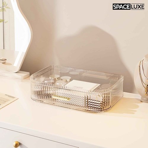 SpaceLuxe Makeup Organizer with Drawers and 360° Rotating Brush Holder, Large Capacity Cosmetic Storage for Vanity, Skincare, Perfume, Hair Accessories, Lipstick & Jewelry (Clear, 2-layer)
