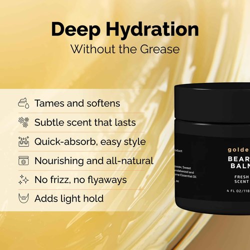 Golden Grooming Beard Balm | Unique Masculine Scent | Shea Butter for Beard Growth | Tames, Moisturizes & Styles – Fresh Scent, 4oz
