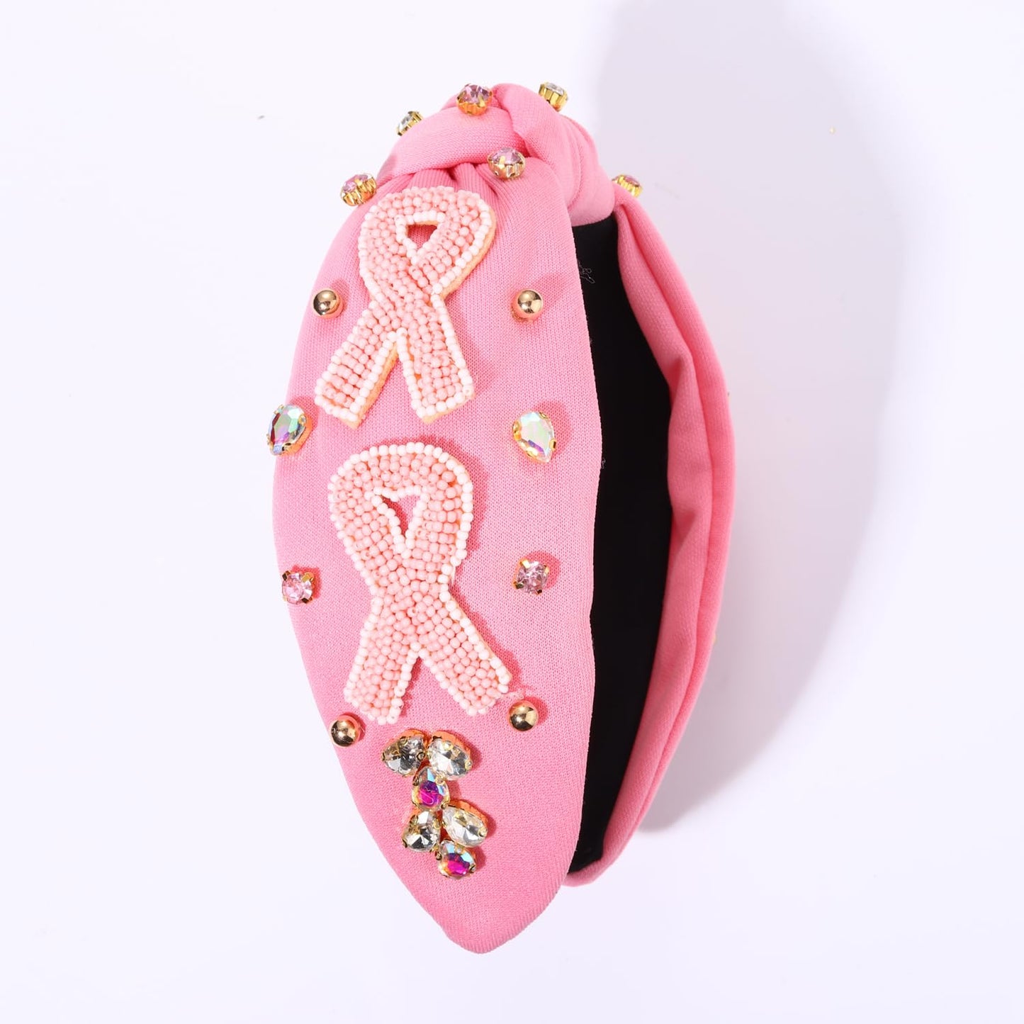 YAHPERN Pink Ribbon Headband Breast Cancer Awareness Headband Beaded Rhinestone Crystal Knotted Headband Jeweled Embellished Wide Top Knot Headbands Breast Cancer Survivor Hair Accessories Gifts