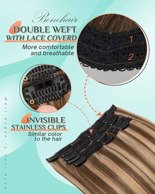 Benehair Clip in Hair Extensions Real Human Hair 14inch Double Weft Medium Brown Mixed Dark Blonde Hair Extensions Clip in Human Hair Lace Weft Straight Hair Extensions Clip ins 7pcs 100g #4P27