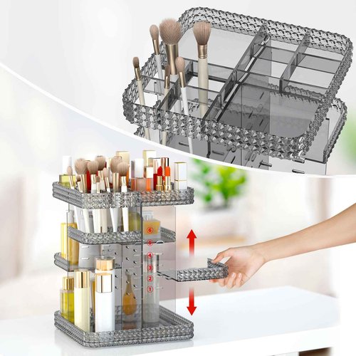 BOCONY Rotating Makeup Organizer, Large Capacity Cosmetic Display Case, Acrylic Skincare Organizer with Makeup Brush, Makeup Storage Organizer for Dresser Countertop and Bathroom Vanity - Grey