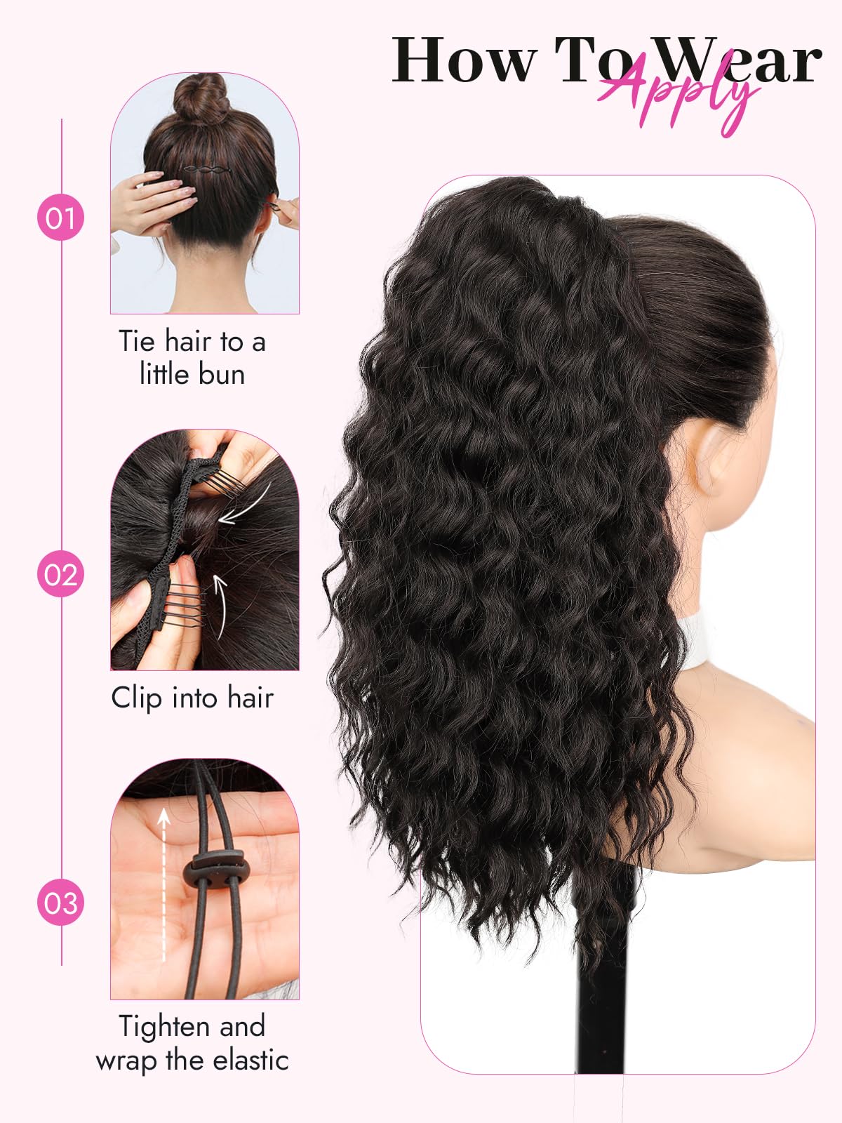 Isaic Culy Ponytail Extension 16 Inch Natural Black Drawstring Ponytail Extension for Women Fluffy Natural Looking Synthetic Hairpiece Long wavy Pony Tails Hair extensions for Daily Use