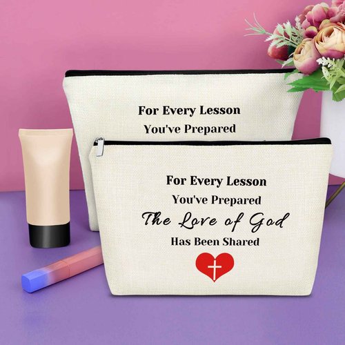 Sazuwu 2PCS Sunday School Teacher Makeup Bag Christian Preschool Teacher Appreciation Gifts Religious Thank You Gifts Cosmetic Bag Christmas Thanksgiving Graduation Birthday Present