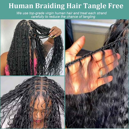 Human Boho Braiding Hair 100% Human Hair Deep Wave 20 Inch Knotless Braids Hair Unprocessed Virgin Brazilian Hair Extensions Bulk 2Bundles /Pack Wet & Wavy No Weft Natural Color 12A