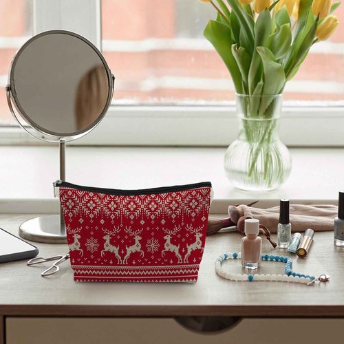 ignytiger Deer Makeup Bag, Red Christmas Reindeer Vintage Holiday Gifts Cosmetic Bags for Women, Winter Holiday Seamless Knitted Pattern Print Canvas Makeup Pounch Bags for Purse