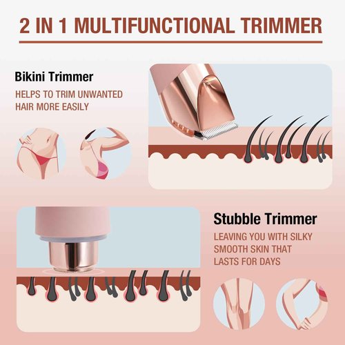SUPRENT Bikini Trimmer Women- Painless Ladies Hair Removal Waterproof Wet & Dry- 2 in 1 Lady Shaver for Pubic Hair & Facial Hair- Cordless Electric Razors with USB-C Rechargeable-Pink
