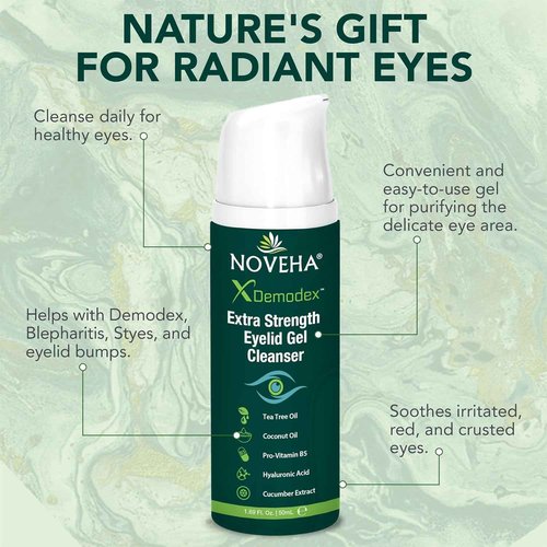 NOVEHA Demodex Extra Strength Eyelid Gel Cleanser - for Demodex, MGD and Dry Eye with Pro-Vitamin B5, Tea Tree Oil, and Hyaluronic Acid - Gentle Cleansing, Soothes Itchy Eyelid - 50mL (3 Pack)