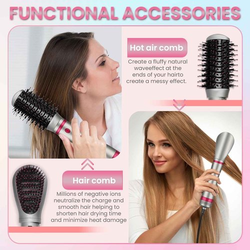 4-in-1 Detachable Blowout Brush - Negative Ionic Hot Air Styler with 4 Brush Heads for Drying, Volumizing, Curling & Straightening with ALCI Safety Plug, 3 Heat Settings