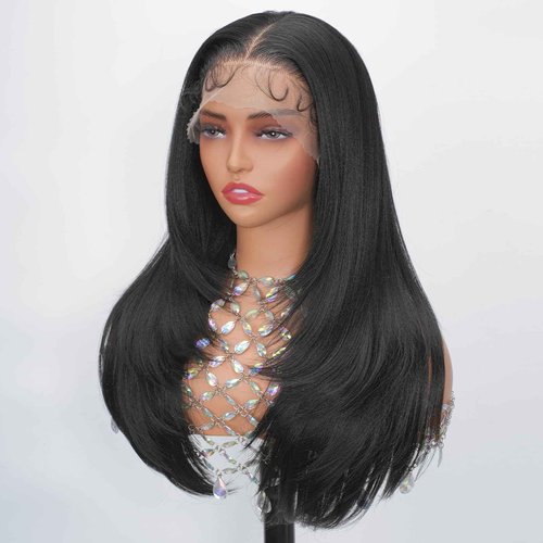Looxey Lace Front Wigs for Black Women 13X6 Long Layered Straight Wig with Baby Hair Synthetic Hair Soft As Human Hair 24 Inch 1B Black Pre Plucked Bleached Knots Glueless Wig