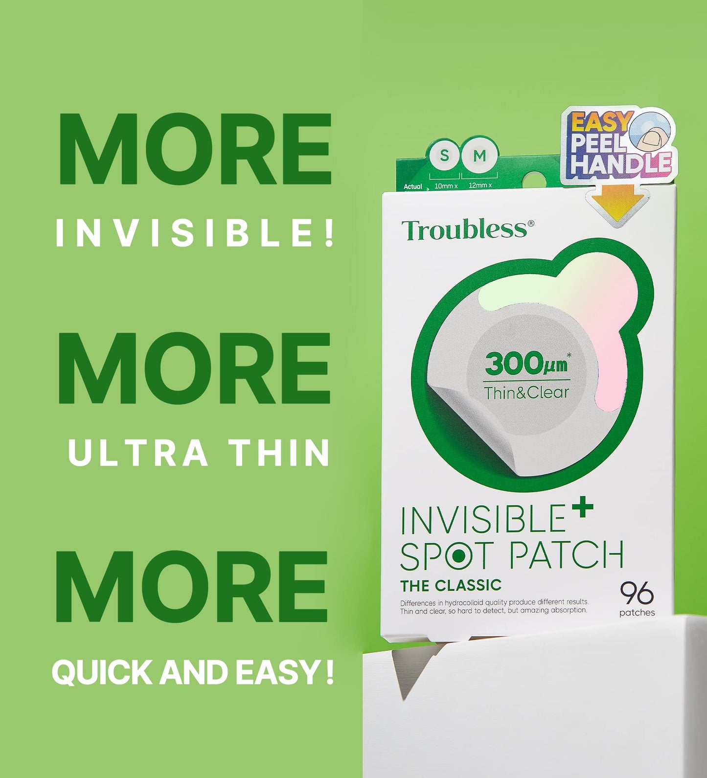 Troubless Invisible Pimple Spot Patch - Classic, Hydrocolloid Acne Patches for Face | Ultra Thin Acne Patches with Easy Peel Handle | Overnight Pimple Patches | 2 Sizes, 96 Count (Pack of 1)