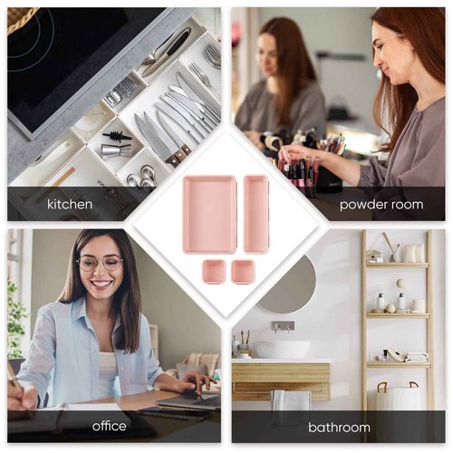 Purpeak 32 Pcs Desk Drawer Organizer Office Organization Tray Versatile Vanity Organizer with Nonslip Pads Makeup for Divider Drawer Storage Box Container for Kitchen Bedroom(Pink)