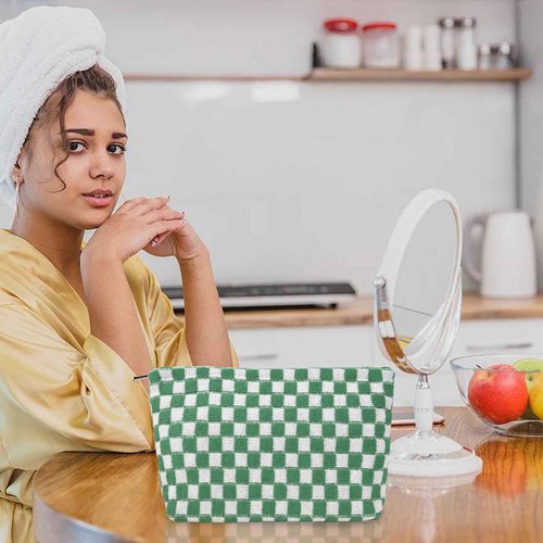 Makeup Bags Checkered Cosmetic Bag- 3PCS Travel Toiletry Bag Aesthetic Portable Accessories Pouch Preppy Pencil Checkered Pencil Pouch Case Cute Brushes Storage Bag for Women - Green