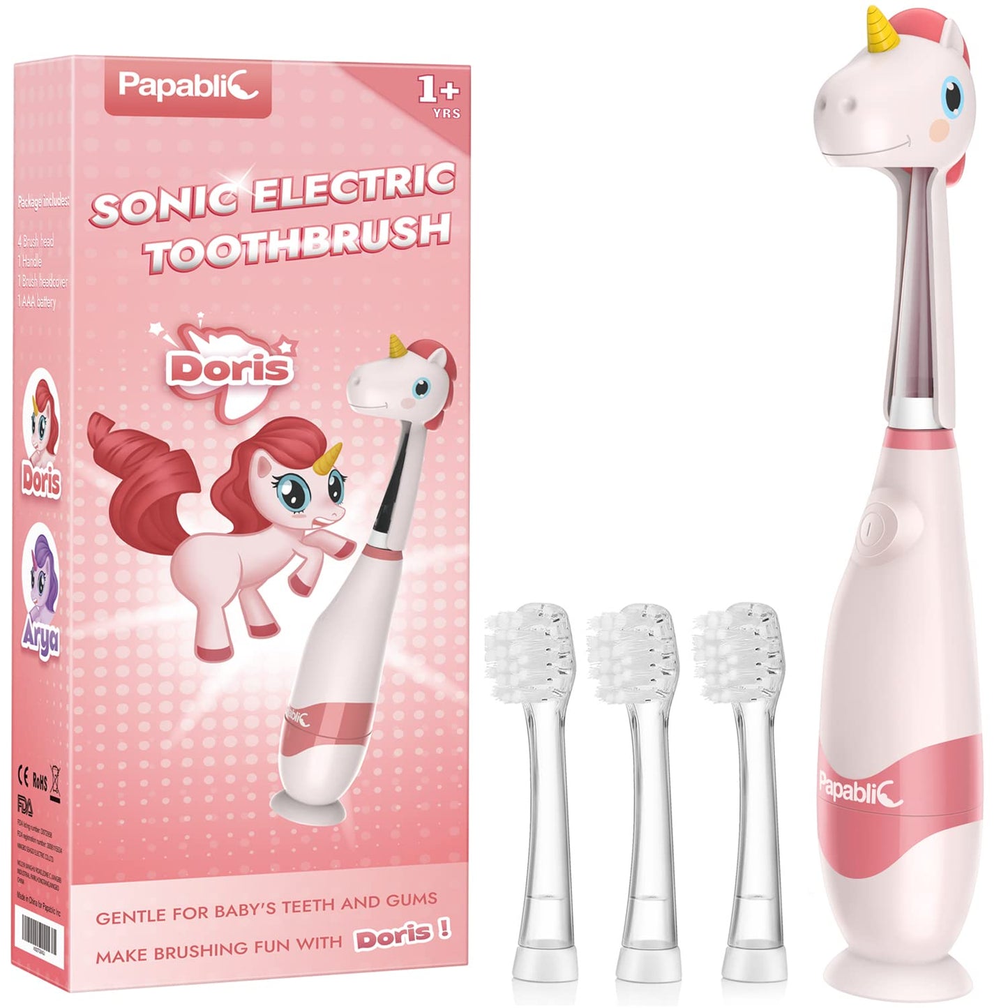 Papablic Toddler Sonic Electric Toothbrush for Ages 1-3 Years, Baby Electric Toothbrush with Cute Unicorn Cover and Smart LED Timer, 4 Brush Heads (Doris)