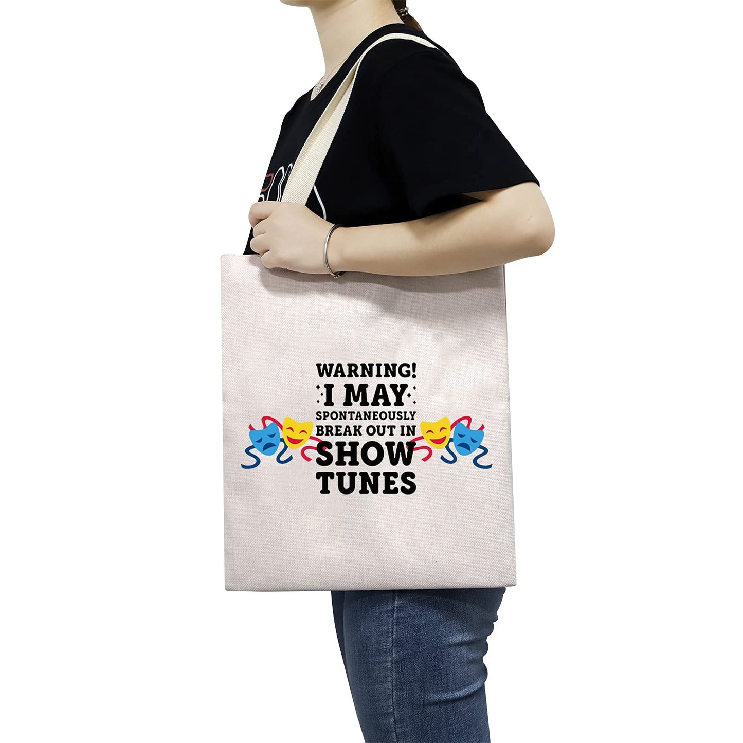 TSOTMO Warning I May Randomoly Break Out In Show Tunes canvas tote bags Theatre Novelty Makeup Bag Broadway Musical Theater Gift (Show canvas)