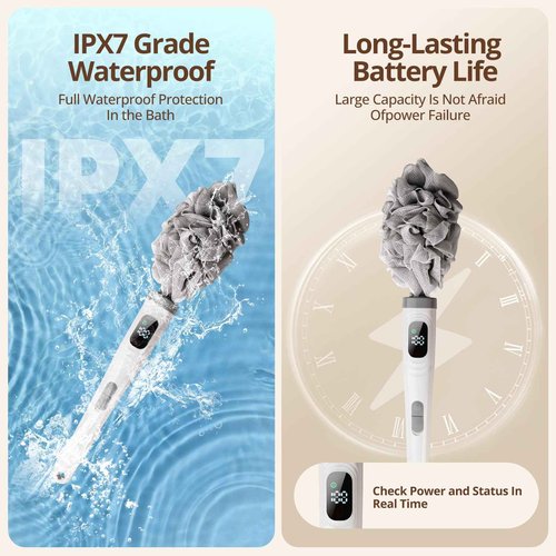 Electric Back Scrubber for Shower,African Net Sponge Long Handle Exfoliating Body Scrubber,IPX7 Waterproof Bath Brush with 3 Heads & 2 Speeds,for Cleansing, Exfoliating and Foot Callus Remover