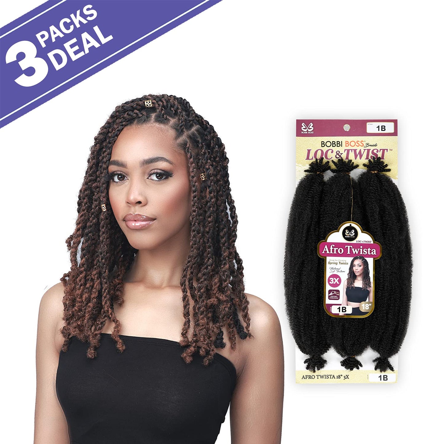 Bobbi Boss Crochet Braids 3X Loc N Twist Afro Twista 18" (3-pack, T1B/BUG)