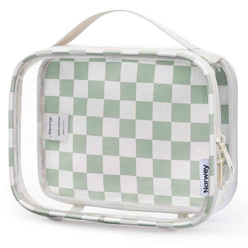Narwey TSA Approved Clear Toiletry Bag for Travel, Waterproof PVC Clear Makeup Bags, Portable Compact Cosmetic Bag Make Up Organizer, Airport Airline Quart Size Compliant Bag (Mint Green Checkerboard)