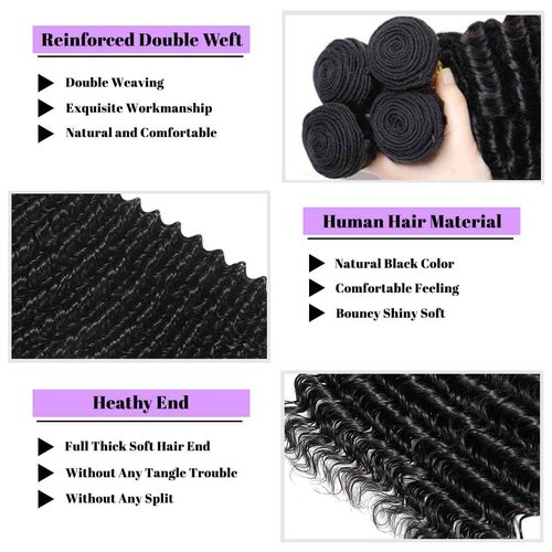 Deep Wave Human Hair Bundles 18 Inch Deep Wave Bundles 100% Unprocessed Brazilian Virgin Hair 1 Bundle Curly Bundles Hair Extensions Real Human Hair Wavy Quick Weave Bundle Natural Black