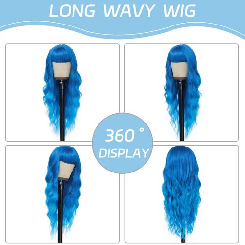 Ombre Blue Wig with Bangs for Women, Long Wavy Blue Wig 26 Inch Wigs Heat Resistant Synthetic Colorful Wig