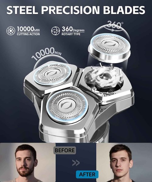 GLLAVA Electric Razor for Men，10,000RPM High-Speed Motor, IPX8 Waterproof, USB Fast Charging, 5-Min Quick Charge & Travel Lock,Metallic Silver