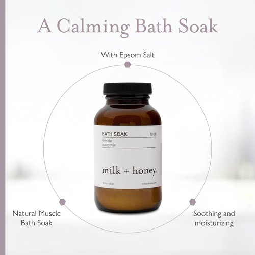 milk + honey No. 8 Calming Bath Soak – Moisturizing Epsom Salt with Lavender & Eucalyptus – Relaxing Aromatherapy Soak for Sore Muscles, Dry Skin & Stress Relief – 10 oz