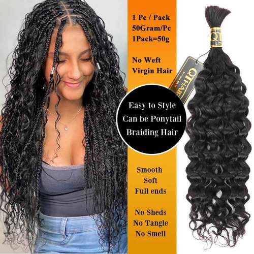 QTHAIR Deep Water Wave Bulk Human Hair For Braiding, 16A, No Weft, 100% Unprocessed Brazilian Water Wave Virgin Hair, one Bundle, Micro Braiding (#1B(Natural Black), 18"-50g, Curly)