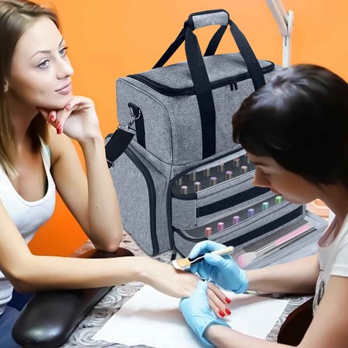 ALSLEA Nail Polish Organizer 3 Layers Holds 70 Bottles (15ml - 0.5 fl.oz) Portable Gel Nail Kit Organizer Case for Nail Lamp Travel Nail Supplies Bag with 2 Removable Nail Polish Holder Pouches (Gray)