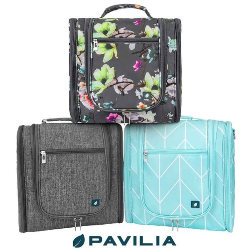 PAVILIA Extra Large Toiletry Bag Travel Bag for Women Men, Hanging Cosmetic Organizer, Water Resistant Makeup Bag for Accessories Toiletries, Travel Essentials Kit (Floral Grey)