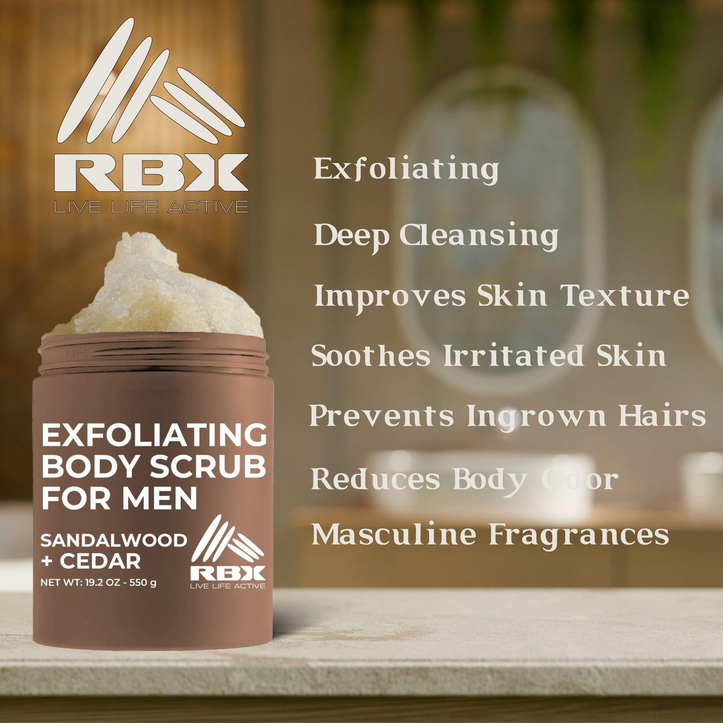 RBX Exfoliating Body Scrub For Men with Shea Butter Vitamin A and C, Moisturizing Hydrating Body Scrub for Healthy Skin